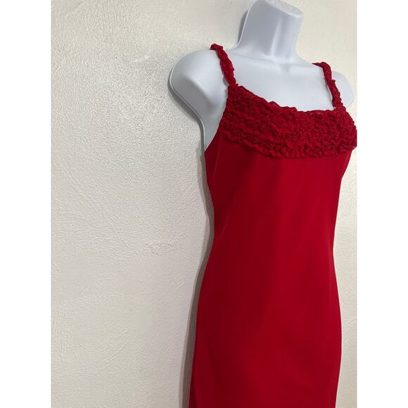 VTG Y2K 2010 Maxi Red Sheer Overlay Dress 12 Ruffle Bust Glam Holiday Party Prom - Picture 2 of 14